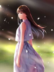  brown_eyes brown_hair female highres long_hair looking_to_the_side nayuta69 original petals shirt skirt sleeveless sleeveless_shirt solo white_shirt white_skirt 