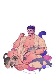  1boy absurdres animal_ears animal_on_lap bad_id bad_weibo_id bara bare_pectorals beard bespectacled black_hair bottomless cat_boy cat_ears cat_on_lap cat_tail commentary facial_hair feet feline full_body glasses highres ikea_shark kuro_(kuroshima_kurishiro) kuroshima_kurishiro_(muyi24108414) male_focus mature_male muscular muscular_male on_lap open_clothes open_shirt original pectorals round_eyewear scarf short_hair sitting soles solo stuffed_animal stuffed_shark stuffed_toy symbol-only_commentary tail thick_eyebrows undercut white_background yarn yarn_ball 