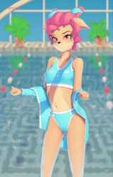  absurd_res amber_eyes anthro athletic_wear bikini blush clothed clothing colored_edge_bikini deer detailed_background female hair hi_res icefairy64 looking_at_viewer mammal midriff navel new_world_deer pink_hair plant plant_pot potted_plant roe_deer slim solo soyuzmultfilm sports_bikini standing swimming_pool swimwear track_jacket tracksuit ulya_(wjyw) well_just_you_wait! 