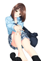  black_socks blue_shirt blush brown_eyes brown_hair feet_out_of_frame female grey_skirt head_tilt highres nayuta69 original parted_lips school_uniform shirt short_hair simple_background sitting skirt smile socks solo unworn_blazer white_background 