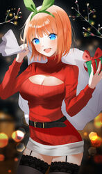  absurdres belt black_belt black_thighhighs blue_eyes blurry blurry_background breasts christmas cleavage cleavage_cutout clothing_cutout commentary cowboy_shot dress female garter_straps gift go-toubun_no_hanayome green_ribbons hair_ribbon highres holding holding_gift holding_sack lace-trimmed_legwear lace_trim long_sleeves looking_at_viewer medium_breasts meme_attire nakano_yotsuba open-chest_sweater open_mouth orange_hair red_dress red_sweater ribbed_sweater ribbon sack short_hair smile solo sweater syuma teeth thighhighs turtleneck turtleneck_sweater upper_teeth_only 