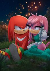  2020 anthro archie_comics black_nose breasts clothing dannyckoo detailed_background duo echidna female footwear grass julie-su knuckles_the_echidna male mammal monotreme night outside pink_body plant red_body sega shoes sitting smile sonic_the_hedgehog_(archie) sonic_the_hedgehog_(comics) sonic_the_hedgehog_(series) star tresertf 