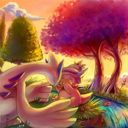  1:1 ambiguous_gender blush cloud detailed_background duo flower generation_2_pokemon grass hi_res koriarredondo legendary_pokemon lugia nintendo plant pokemon pokemon_(species) shellder_(slowking) signature slowking tree water 