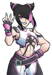  abs black_hair bracelet breasts collar commentary cone_hair_bun double_bun english_commentary female fingerless_gloves gloves green_nails grin hair_bun hair_over_one_eye hand_on_own_hip highres jewelry juri_han kermittend medium_breasts multicolored_hair muscular muscular_female pink_eyes pink_hair purple_lips smile solo spiked_bracelet spiked_collar spikes street_fighter street_fighter_6 two-tone_hair 