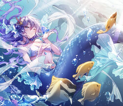  bra commentary dolphin female fish highres jewelry long_hair looking_at_viewer maro_(nikeneko523) mermaid monster_girl nail_polish navel necklace original purple_eyes purple_hair solo symbol-only_commentary underwater underwear 