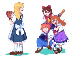  4girls alice_margatroid ascot baseball_bat baseball_mitt black_gloves black_skirt black_vest blonde_hair blue_dress bois_de_justice bow braid brown_eyes brown_footwear brown_hair capelet closed_eyes closed_mouth collared_shirt commentary_request cookie_(touhou) detached_sleeves dies_irae dress frilled_hairband frilled_necktie frilled_skirt frills full_body glasses gloves hair_tubes hairband hairbow hakurei_reimu highres hinase_(cookie) hita_(hizokuseikogeki) holding holding_baseball_bat horn_bow horn_ornament horns ibuki_suika kirisame_marisa long_hair looking_at_another multiple_girls necktie oerba_yun_fang open_mouth partial_commentary purple_bow purple_skirt rectangular_eyewear red-framed_eyewear red_ascot red_bow red_hairband red_necktie red_shirt red_skirt reu_(cookie) shinza_bansho_series shirt short_hair side_braid single_braid skirt sleeveless sleeveless_shirt smile socks squatting standing touhou transparent_background uzuki_(cookie) vest white_bow white_capelet white_legwear white_sleeves yamin_(cookie) yellow_ascot 