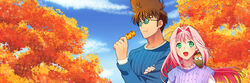  1boy :d :t animal_on_shoulder arm_grab autumn_leaves bad_id bad_pixiv_id blue-tinted_eyewear blue_sky blue_sweater brown_hair cloud commission dango day eating female floating_hair food green_eyes guvava hair_intakes holding holding_food kutsuno long_hair looking_over_eyewear macross macross_7 mylene_jenius nekki_basara outdoors pink_hair pixiv_commission purple_sweater ribbed_sweater round_eyewear sky sleeveless sleeveless_sweater smile straight_hair sunglasses sweater tinted_eyewear upper_body very_long_hair wagashi yellow_eyes 