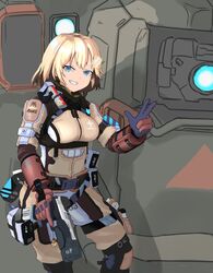  1other blonde_hair blue_eyes bob_cut breasts brown_gloves bt-7274 bubba_(watson_amelia) cosplay crossover english_commentary eyebrows_hidden_by_hair female gloves grapple_pilot_(titanfall_2) gun hair_ornament handgun highres holding holding_gun holding_weapon hololive hololive_english knee_pads looking_at_viewer machinery mecha medium_breasts pilot_(titanfall_2) pilot_(titanfall_2)_(cosplay) pilot_suit re-45_auto robot sate science_fiction short_hair titan_(titanfall) titanfall_(series) titanfall_2 trigger_discipline v v-shaped_eyebrows virtual_youtuber watson_amelia weapon 