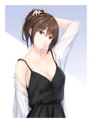  black_dress breasts brown_eyes brown_hair casual cleavage dress female hand_on_own_head hand_up highres looking_at_viewer medium_breasts nayuta69 open_clothes open_shirt original parted_lips ponytail shirt solo upper_body white_shirt 