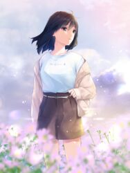  beige_jacket black_hair brown_eyes brown_skirt commentary female flower highres jacket looking_away looking_to_the_side medium_hair nayuta69 open_clothes open_jacket original outdoors parted_lips shirt shirt_tucked_in skirt solo white_shirt 