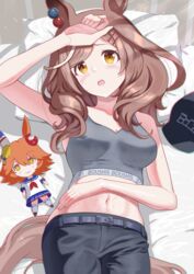  absurdres alternate_costume animal_ears arm_up bed belt blush boc&#039;z_(umamusume) breasts brown_hair character_doll commentary_request female hair_ornament hairclip hat highres horse_ears horse_girl looking_at_viewer matikane_tannhauser_(boc&#039;z)_(umamusume) matikane_tannhauser_(umamusume) matikanefukukitaru_(umamusume) medium_breasts medium_hair midriff navel official_alternate_costume open_mouth pillow shorts solo taki_rentaro umamusume unworn_hat unworn_headwear yellow_eyes 