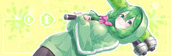  :3 black_pants blush bow braid breasts chitetan closed_mouth commentary_request dutch_angle dynamo_roller_(splatoon) female green_eyes green_hair green_jacket hair_between_eyes hairbow holding hood hood_up hooded_jacket jacket long_sleeves medium_breasts original outline pants pink_bow puffy_long_sleeves puffy_sleeves sleeves_past_wrists solo splatoon_(series) two-handed white_outline 