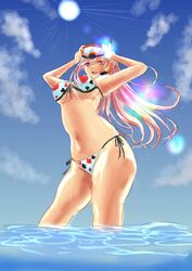  alternate_costume aqua_bikini bikini blue_sky blush breasts chika_(keiin) day feet_out_of_frame female girls&#039;_frontline goggles goggles_on_head hands_on_eyewear highres large_breasts long_hair looking_at_viewer mole mole_under_eye navel on_water open_mouth pink_hair playing_card_print print_bikini red_eyes sig_mcx_(girls&#039;_frontline) sky smile solo standing swimsuit teeth thighs underboob upper_teeth_only wet 