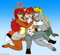  2021 absurd_res anthro antlers blonde_hair bottomwear bovid breasts canid canine caprine cassidy_(nettfox) clothed clothing deer digital_media_(artwork) female ffm fox fur goat group hair hi_res horn kiss_mark kiss_mark_covered kissing lips lipstick lipstick_fetish lipstick_on_body lipstick_on_face lyra_(nettfox) makeup male mammal martin_(nettfox) multicolored_body multicolored_fur navel open_clothing open_shirt open_topwear pants pink_lipstick red_hair red_lipstick shirt shorts topwear trio two_tone_body two_tone_fur viroveteruscy 