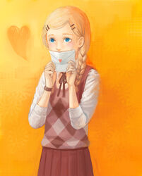  blonde_hair blue_eyes blush braid checkered_clothes checkered_sweater_vest checkered_vest collared_shirt envelope female hair_ornament hairclip heart holding holding_envelope kimmy_howell no_more_heroes no_more_heroes_2 orange_background school_uniform shirt simple_background skirt solo sweater_vest tochigai vest watch white_shirt wristwatch 