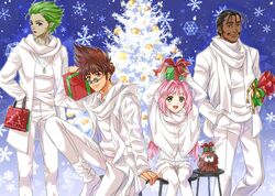  2boys 2girls :d akira_ituki arms_up blue_eyes box brown_eyes brown_hair christmas christmas_tree closed_mouth coat dark-skinned_male dark_skin earrings facial_hair fire_bomber gift gift_box green_eyes green_hair guvava hair_intakes hand_in_pocket jewelry long_hair long_sleeves looking_at_viewer macross macross_7 moustache multiple_boys multiple_girls mylene_jenius nekki_basara open_clothes open_coat pants pink_hair pointy_ears ray_lovelock red_lips ribbed_sweater round_eyewear short_hair short_shorts shorts sitting smile snowflakes spiked_hair standing sunglasses sweater thighhighs veffidas_feaze very_long_hair white_coat white_footwear white_legwear white_pants white_shorts white_sweater 