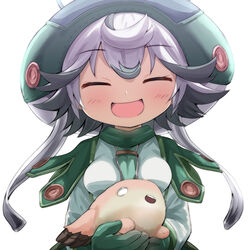  :d blush breasts closed_eyes commentary_request creature facing_viewer female gloves green_gloves green_headwear grey_hair hair_between_eyes hat long_sleeves made_in_abyss medium_breasts meinya_(made_in_abyss) multicolored_hair open_mouth photoshop_(medium) prushka shirt simple_background smile two-tone_hair upper_body watarui white_background white_shirt 