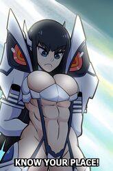  abs absurdres arms_behind_back backlighting black_hair blue_eyes blunt_ends breasts cleavage commentary english_commentary english_text female frown highres junketsu kermittend kill_la_kill kiryuuin_satsuki large_breasts long_hair muscular muscular_female revealing_clothes solo subtitled upper_body v-shaped_eyebrows 