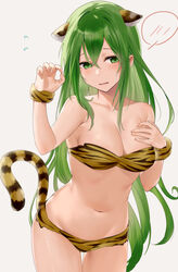  alternate_costume animal_ears bare_shoulders bikini breasts cleavage collarbone commentary_request cosplay embarrassed erinys_(fire_emblem) fake_animal_ears fake_tail female fire_emblem fire_emblem:_genealogy_of_the_holy_war flying_sweatdrops green_hair groin hand_on_own_chest haru_(nakajou-28) long_hair medium_breasts navel partial_commentary paw_pose print_bikini simple_background solo spoken_blush strapless strapless_bikini sweatdrop swimsuit tail very_long_hair 