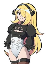  2b_(nier:automata) 2b_(nier:automata)_(cosplay) absurdres arms_behind_back black_hairband blonde_hair breasts cleavage cleavage_cutout clothing_cutout commentary cosplay cowboy_shot cynthia_(pokemon) english_commentary eyebrows_hidden_by_hair female grey_eyes hair_over_one_eye hairband highleg highleg_leotard highres kermittend leotard long_hair nier:automata nier_(series) no_blindfold pokemon pokemon_dppt small_breasts solo thighhighs very_long_hair 