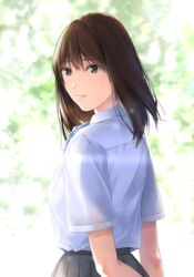  blue_ribbon brown_eyes brown_hair female from_side grey_skirt highres light_smile looking_at_viewer medium_hair nayuta69 neck_ribbon original ribbon school_uniform shirt shirt_tucked_in skirt solo upper_body white_shirt 