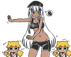  3girls :3 animal_ears beret bike_shorts black_sports_bra blonde_hair blunt_bangs blush breasts cameltoe cat_ears chibi cleavage clenched_hands commentary dancing deculture embarrassed english_commentary flossing_(dance) fortnite girls&#039;_frontline green_eyes groin hair_ornament hat highres hk416_(girls&#039;_frontline) idw_(girls&#039;_frontline) long_hair low_twintails lowleg lowleg_shorts medium_breasts multiple_girls navel necktie nose_blush shorts solo_focus spoken_squiggle sports_bra sportswear squiggle suspenders sweat tan teardrop twintails very_long_hair wavy_mouth white_background white_hair x_hair_ornament 