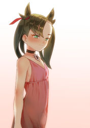  aqua_eyes asymmetrical_bangs asymmetrical_hair bare_arms bare_shoulders black_choker black_hair blush breasts choker collarbone commentary_request dress female fujitwo green_eyes hair_ribbon highres long_hair looking_at_viewer marnie_(pokemon) pink_dress pokemon pokemon_swsh red_ribbon ribbon small_breasts solo twintails 