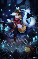  anthro asian_mythology breasts canid canine clothed clothing detailed_background digital_media_(artwork) east_asian_mythology female fox group hair hi_res korean_mythology kumiho kumiho_(purplelemons) legwear mammal mythological_canine mythological_creature mythological_fox mythology ponytail purple_eyes purplelemons shaded sitting spirit text thigh_highs url 