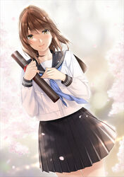  black_sailor_collar black_skirt blue_neckerchief breasts brown_eyes brown_hair commentary_request diploma female graduation hand_on_own_chest long_sleeves looking_at_viewer medium_breasts nayuta69 neckerchief original sailor_collar school_uniform serafuku shirt skirt smile solo tearing_up white_shirt 