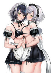  2girls absurdres bare_shoulders bikini black_hair bob_cut breast_press breasts choker commentary cowboy_shot frills green_eyes grey_hair highres holding_hands looking_at_viewer maid maid_bikini matching_outfits medium_breasts medium_hair minamihama_yoriko multiple_girls original parted_lips sideboob simple_background skirt smile swimsuit symmetrical_docking unconventional_maid white_background 