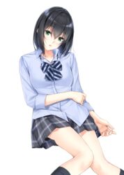  black_hair black_socks blue_bow blue_bowtie bow bowtie breasts commentary feet_out_of_frame female green_eyes grey_skirt head_tilt highres kneehighs long_sleeves looking_at_viewer medium_breasts mole mole_under_eye nayuta69 original parted_lips school_uniform shirt short_hair simple_background skirt socks solo white_background 