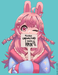  animal_ears aqua_background bad_id bad_pixiv_id blue_bow blue_hoodie bow boy&#039;s_club braid commentary commission english_commentary english_text eyebrows_hidden_by_hair female hair_ornament hairbow head_tilt heart heart_hair_ornament holding holding_sign hood hoodie one_eye_closed pepe_the_frog phase_connect pink_hair pipkin_pippa pipkin_pippa_(1st_costume) portrait rabbit_ears rabbit_girl rabbit_hair_ornament red_bow roober side_braid sign smile solo virtual_youtuber 