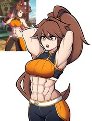  abs absurdres armpits arms_behind_head breasts brown_eyes brown_hair dnf_duel dungeon_and_fighter female fighter_(dungeon_and_fighter) high_ponytail highres kermittend large_breasts long_hair muscular muscular_female reference_inset solo striker_(dungeon_and_fighter) very_long_hair 