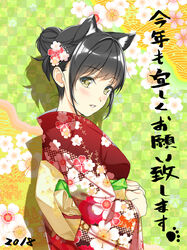  animal_ears black_hair chinese_zodiac commentary dog_ears female floral_print hair_bun japanese_clothes kimono long_sleeves looking_at_viewer nayuta69 new_year original single_hair_bun solo year_of_the_dog 