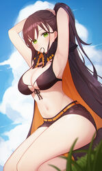  absurdres arms_behind_head arms_up bikini bikini_top_only black_bikini black_cloak black_hair black_shorts blush breasts cleavage cloak cloud commentary_request commission day female front-tie_bikini_top front-tie_top green_eyes gya_(144) hair_tie_in_mouth highres large_breasts long_hair looking_at_viewer md5_mismatch mouth_hold navel outdoors pixiv_commission re:zero_kara_hajimeru_isekai_seikatsu resolution_mismatch shaula_(re:zero) short_shorts shorts sitting sky solo source_smaller stomach swimsuit tying_hair very_long_hair 