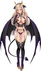  amanda_(artwhirl) arm_behind_back armor artwhirl_mahou_gakuen_no_otome-tachi ass_visible_through_thighs bangs bikini_armor black_hairband black_panties black_sleeves black_thighhighs black_wings blonde_hair blue_eyes breasts bridal_gauntlets cleavage closed_mouth demon_girl demon_tail demon_wings detached_sleeves female full_body garter_belt hair_between_eyes hairband highres horns large_breasts long_hair long_sleeves mana_(remana) midriff navel panties shiny shiny_hair smile solo standing stomach tail thigh_gap thighhighs transparent_background underwear very_long_hair wings yellow_footwear 