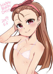  bikini blush bow bow_hairband brown_hair closed_mouth dated female flat_chest hairband hairbow hand_up happy_birthday highres idolmaster idolmaster_(classic) konboi-eg long_hair looking_at_viewer minase_iori pink_bikini pink_bow pink_eyes pink_hairband smile solo swimsuit upper_body white_background 