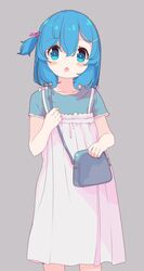  :o aoi_tori bag blue_eyes blue_hair blue_shirt commentary_request dress female grey_background hair_between_eyes hair_ornament hairclip highres looking_at_viewer oerba_yun_fang one_side_up open_mouth original shirt short_sleeves shoulder_bag simple_background sleeveless sleeveless_dress solo standing teru-chan_(aoi_tori) white_dress 