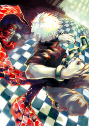  2boys absurdres barefoot black_shirt chains checkered_floor commentary_request from_side grey_pants highres indoors kagune_(tokyo_ghoul) kaneki_ken kyuuba_melo looking_to_the_side looking_up male_focus multiple_boys muscular muscular_male omori_yakumo open_mouth pants science_fiction shiny_clothes shirt short_hair teeth tentacle tile_floor tiles tokyo_ghoul torn_clothes torn_shirt 