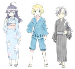  2boys :d :o :t ahoge black_footwear black_hair black_kimono blonde_hair blue_eyes blue_kimono blue_shorts blush braid closed_mouth commentary_request female green_eyes grey_hair hair_between_eyes highres izumo_kasumi_(nijisanji) japanese_clothes jewelry kamiyoshi_rika kimono long_hair long_sleeves looking_at_viewer multicolored_hair multiple_boys nijisanji obi oerba_yun_fang open_mouth ring sandals sash shorts simple_background sleeves_past_wrists smile standing streaked_hair striped_clothes striped_kimono suzuki_masaru uzuki_kou v-shaped_eyebrows vertical-striped_clothes vertical-striped_kimono virtual_youtuber white_background wide_sleeves yellow_footwear zouri 