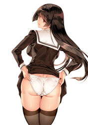  ass blush breasts brown_eyes brown_hair brown_thighhighs female from_behind highres large_breasts long_hair long_sleeves looking_at_viewer looking_back original panties saburou_(hgmg) school_uniform serafuku simple_background skirt solo thighhighs thighs underwear white_panties 