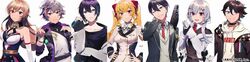  3girls 4boys :3 black_choker black_hair black_jacket blonde_hair bracelet breasts brown_hair choker cleavage coat collarbone column_lineup dress elbow_gloves furen_e_lustario furen_e_lustario_(1st_costume) fuwa_minato fuwa_minato_(1st_costume) gloves green_eyes green_hair grey_hair hair_between_eyes hakase_fuyuki hakase_fuyuki_(1st_costume) hands_on_own_hips head_tilt highres hood hoodie jacket jewelry kenmochi_touya kenmochi_touya_(1st_costume) lab_coat looking_at_viewer mayuzumi_kai medium_breasts multicolored_hair multiple_boys multiple_girls nijisanji off_shoulder official_art one_eye_closed own_hands_together parted_lips pointing purple_eyes purple_hair red_eyes red_hair saegusa_akina saegusa_akina_(1st_costume) short_hair small_breasts smile sowichi streaked_hair takamiya_rion takamiya_rion_(1st_costume) trinity_(nijisanji) twintails virtual_youtuber white_background white_coat white_dress white_gloves white_hair white_hoodie wide_image 