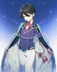  1boy black_hair buttons cape closed_eyes commentary_request double-breasted earrings hebino_rai horikawa_kunihiro jewelry male_focus pants ribbon smile stud_earrings tassel touken_ranbu white_pants wings 