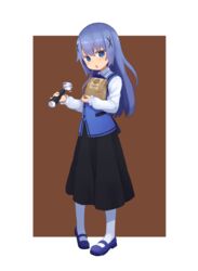  bag black_skirt blue_eyes blue_footwear blue_hair blue_vest brown_background collared_shirt commentary_request female full_body gochuumon_wa_usagi_desu_ka? highres holding kafuu_chino loafers long_sleeves looking_at_viewer mohei open_mouth paper_bag rabbit_house_uniform shirt shoes simple_background skirt solo standing vest white_legwear white_shirt 