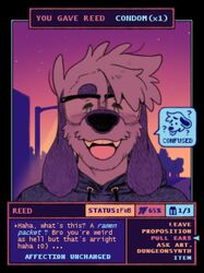  anthro asking asking_what canid canine canis clothing confusion dating_sim dialogue digital_media_(artwork) domestic_dog dusk emoticon english_text eyewear floppy_ears gameplay_mechanics glasses hair highlighted_text hoodie laugh male mammal nextel number percentage pixel_(artwork) question reed_(bearra) retro short_hair sky smile solo star starry_sky street_lamp teeth text text_emphasis topwear vocalization warm_colors 