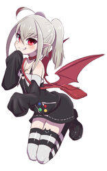  ahoge badge bag bare_shoulders black_footwear blush collar demon_wings dress female full_body grey_hair grin highres horn_band_legwear konboi-eg long_sleeves looking_at_viewer loose_clothes makaino_ririmu makaino_ririmu_(2nd_costume) nijisanji no_horns oerba_yun_fang pointy_ears red_eyes red_wings shoes sleeves_past_fingers sleeves_past_wrists smile solo thighhighs two_side_up virtual_youtuber white_background wings zettai_ryouiki 