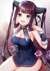  akariko bare_shoulders black_dress blue_eyes blunt_bangs blush breasts china_dress chinese_clothes cleavage detached_sleeves dress fate/grand_order fate_(series) female flower hair_ornament highres large_breasts long_hair looking_at_viewer open_mouth purple_hair sidelocks sitting smile solo thighs twintails very_long_hair yang_guifei_(fate) yang_guifei_(second_ascension)_(fate) 