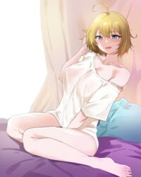  ahoge barefoot blonde_hair blue_eyes bush feet female griffon_(last_origin) hair_between_eyes highres last_origin looking_at_viewer naked_shirt off_shoulder open_mouth p220_31495 shirt short_hair smile solo 