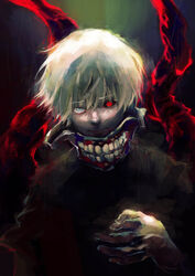  1boy absurdres black_background black_sclera black_shirt closed_mouth colored_sclera gradient_background grey_eyes grey_hair hand_up heterochromia highres kagune_(tokyo_ghoul) kaneki_ken kyuuba_melo looking_at_viewer male_focus red_eyes shirt short_hair solo teeth_print tokyo_ghoul 