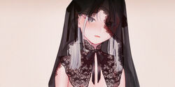  black_ribbon black_veil blush choker expressionless female grey_eyes grey_hair lace lace-trimmed_veil lace_collar lace_trim long_hair looking_at_viewer nakamura_kuzuyu original ribbon ribbon_choker simple_background solo upper_body veil 